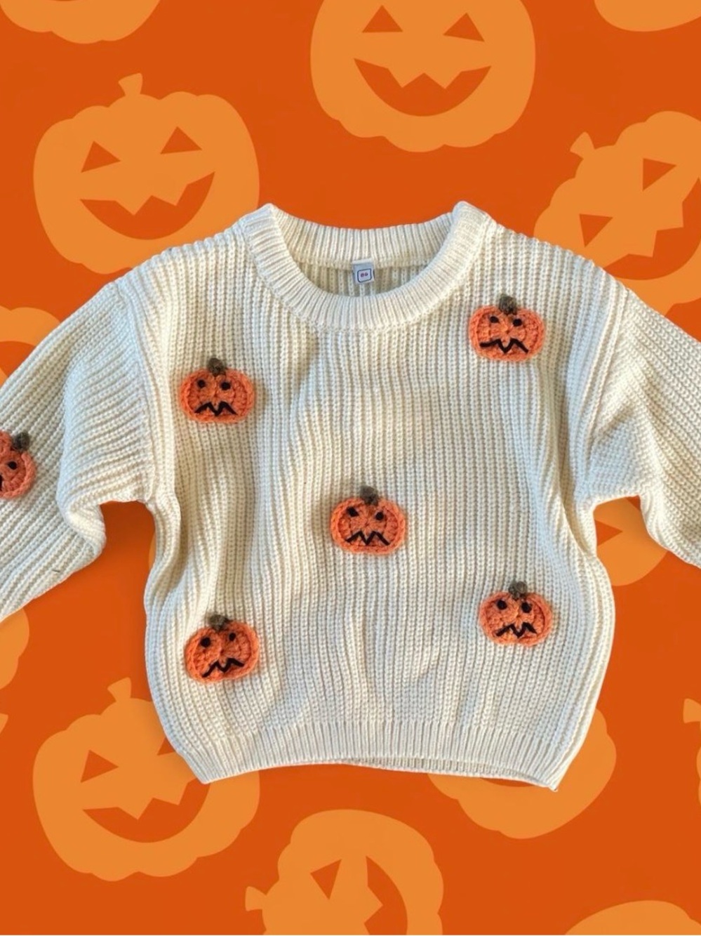 Halloween 2T kids Cream Knit Sweater with Orange Pumpkin Appliqués